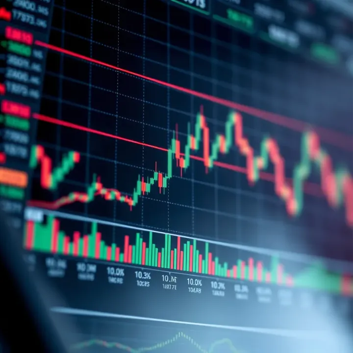 Graph showing stock price movements with technical indicators like moving averages and volume