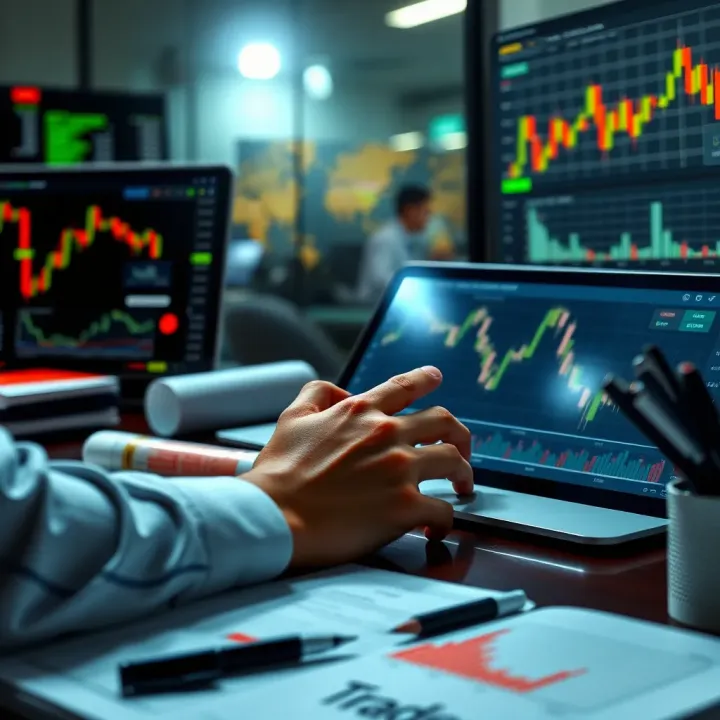 Illustration of a person analyzing financial graphs on a digital device with trading course materials nearby