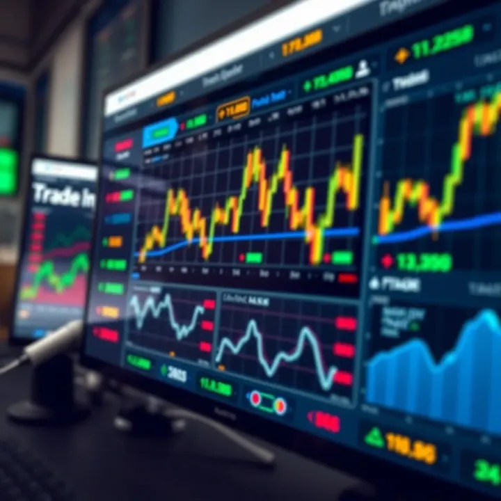 Dashboard displaying various trading platform features and charts