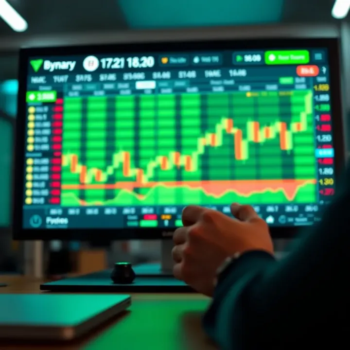 Digital interface showing binary options trading platform with zero deposit bonus