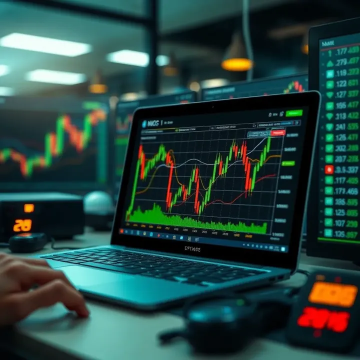 Conceptual representation of binary options trading with financial graphs and digital interface