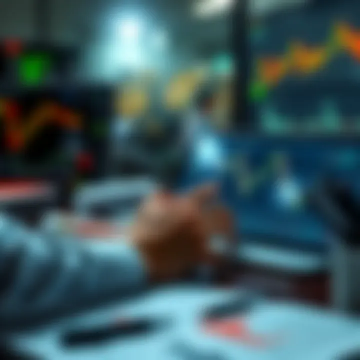 Illustration of a person analyzing financial graphs on a digital device with trading course materials nearby