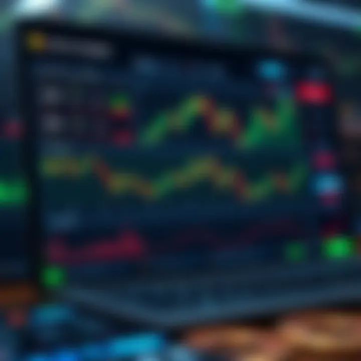 Digital interface showing various crypto trading tools including charts, indicators, and portfolio overview