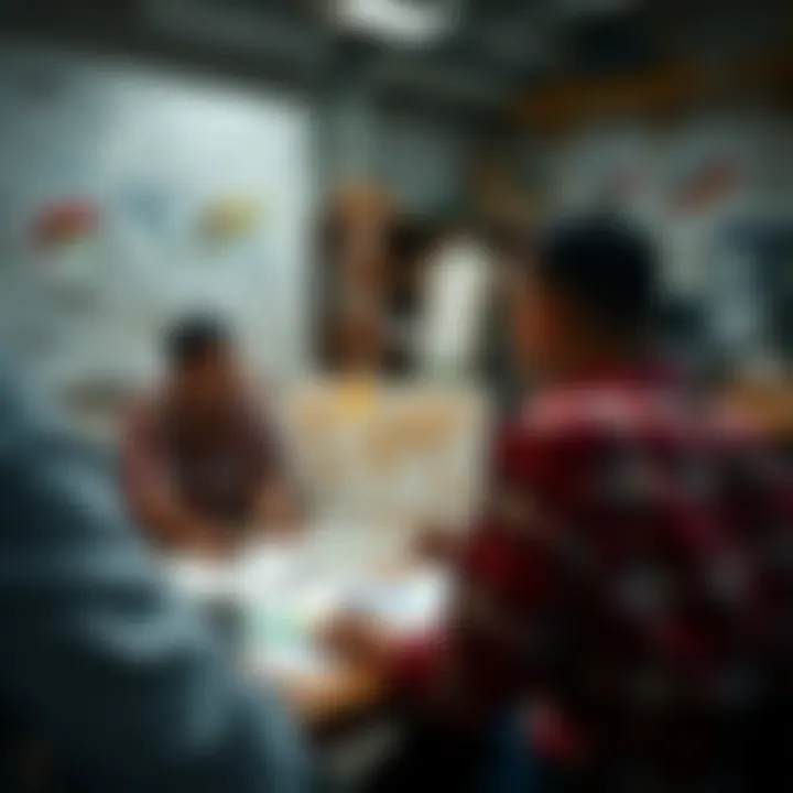 Community members collaborating on disaster risk assessment using maps and charts