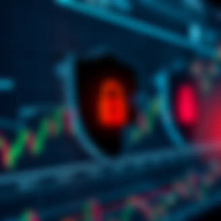 Security Features of Online Trading Platforms Security shields over digital financial graphs representing online trading platform protection