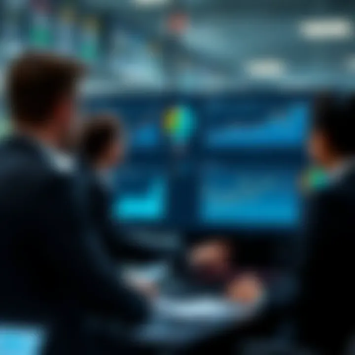 Business professionals analyzing risk factors on a digital dashboard with graphs and charts