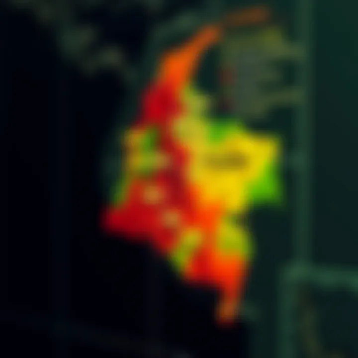 Map highlighting various natural and socioeconomic risk zones across Colombia