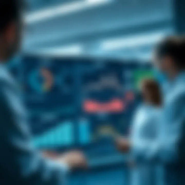 Healthcare professionals analyzing risk management data on a digital dashboard