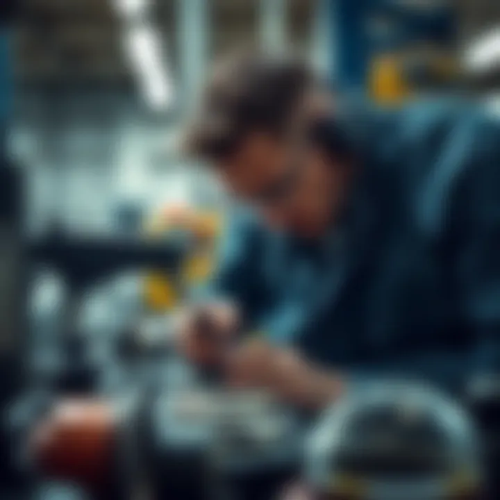 Engineers assessing mechanical components with precision tools in a manufacturing setting