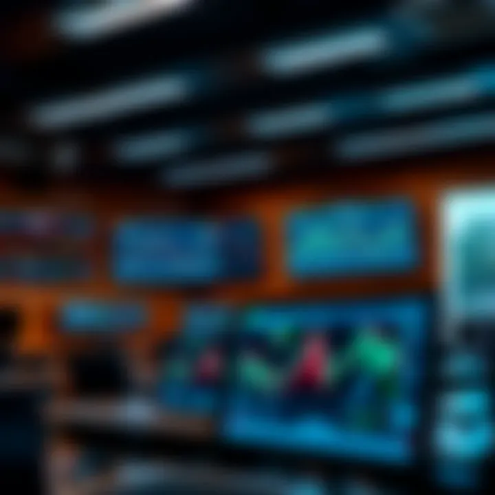 Modern classroom setting with a digital trading platform displayed on multiple screens