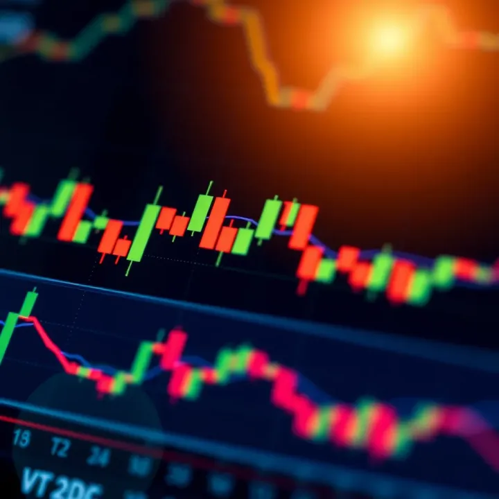 Close-up of a candlestick chart highlighting bullish and bearish formations for market trend interpretation