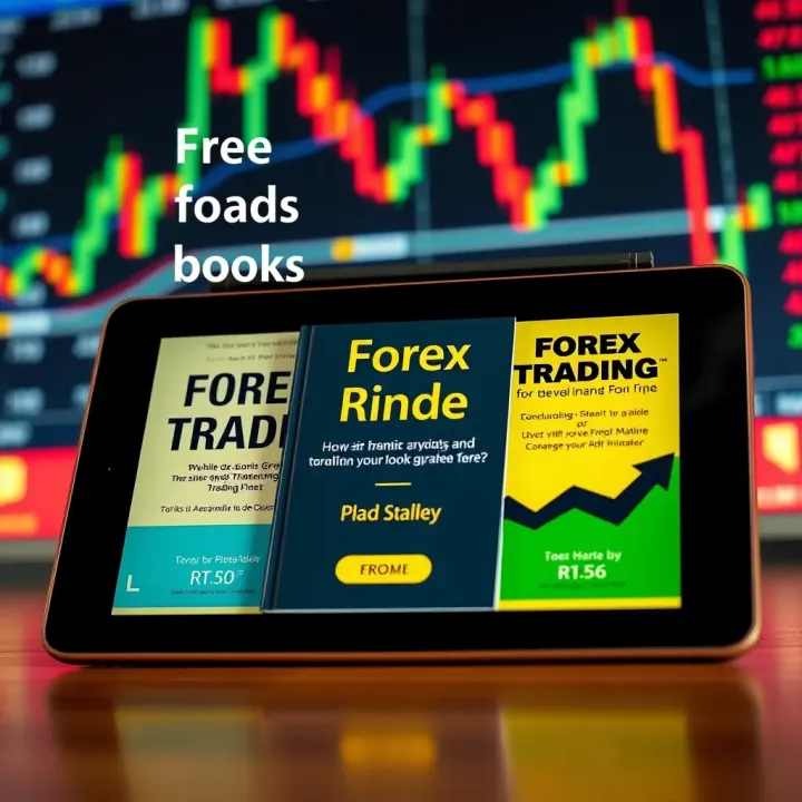 Collection of free PDF forex trading books displayed on a digital tablet with currency charts in the background