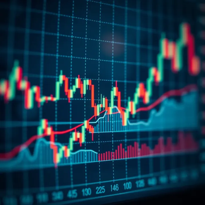 Graph displaying technical analysis indicators like moving averages and volume