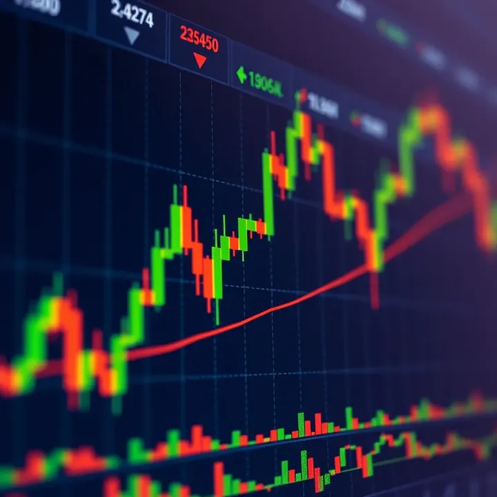 Chart displaying candlestick patterns and moving averages on financial market data
