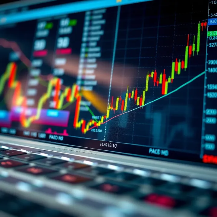 Graph showing upward trend with trading charts and financial data
