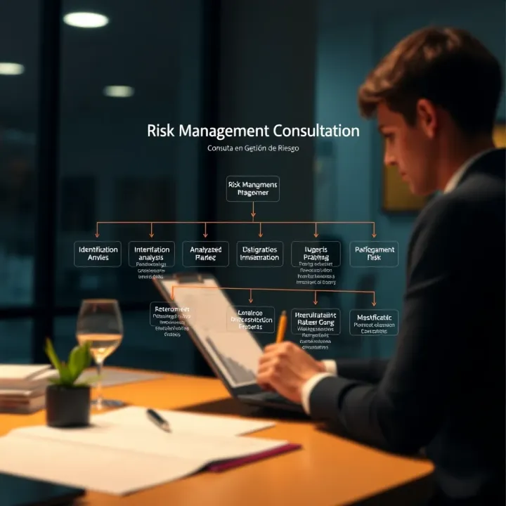 Flowchart illustrating risk management consultation with identification, analysis, and mitigation phases