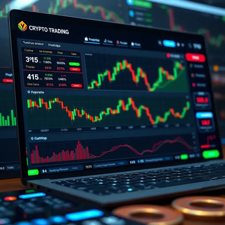 Digital interface showing various crypto trading tools including charts, indicators, and portfolio overview