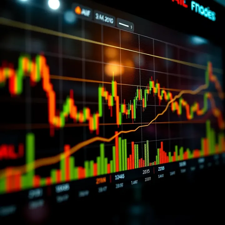Graph displaying cryptocurrency market trends with candlestick patterns and volume bars