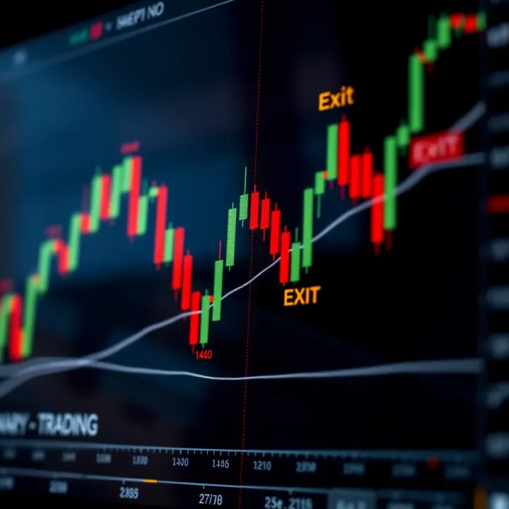 Chart displaying a candlestick pattern with highlighted swing trading entry and exit points