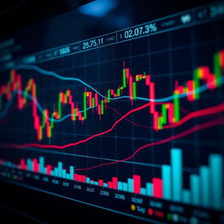 Financial market graph illustrating moving averages and volume indicators to assess market trends
