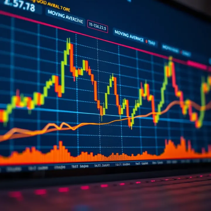Chart showing candlestick patterns and moving average lines for gold market