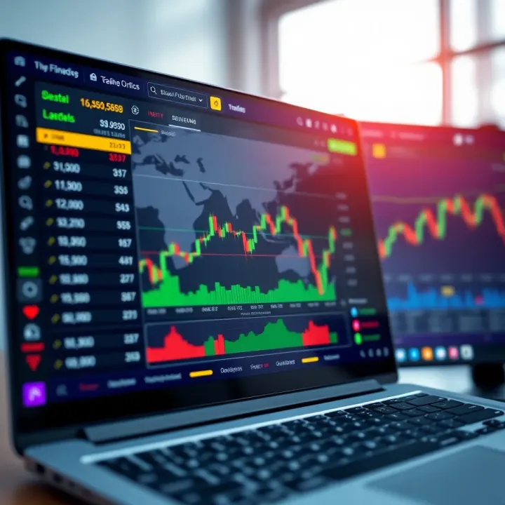 Illustration of financial trading platform interface with various binary options trading tools and statistics