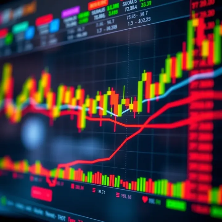 Chart displaying fluctuating binary options trading trends with colorful lines and indicators
