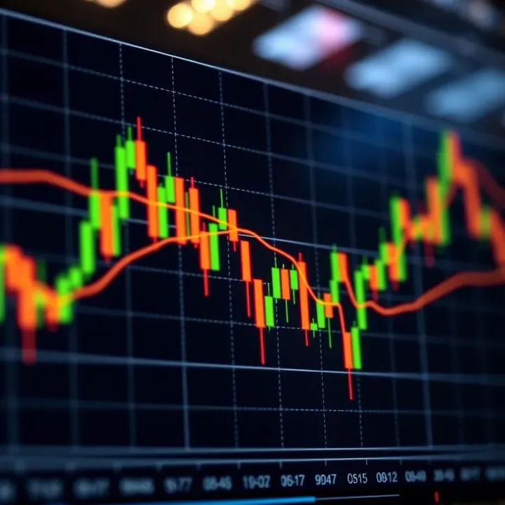 Chart showing candlestick patterns and trend lines for technical market analysis