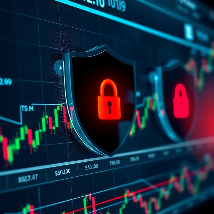 Security shields over digital financial graphs representing online trading platform protection