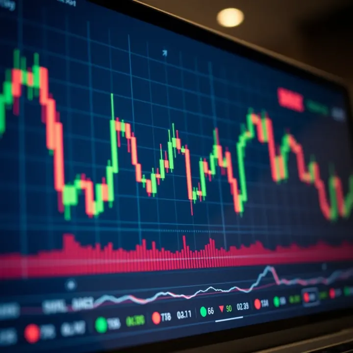 Chart displaying candlestick patterns with key moving averages and volume indicators