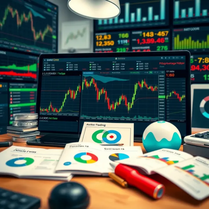 Collection of trading tools including charts, risk management icons, and strategy notes for short to medium-term investments