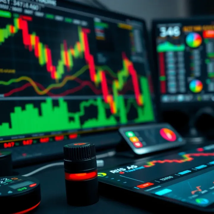 Set of trading tools including charts, indicators, and risk management symbols