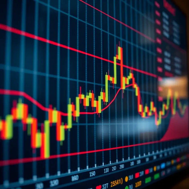 Detailed candlestick chart showing stock price movements with trend lines and volume indicators