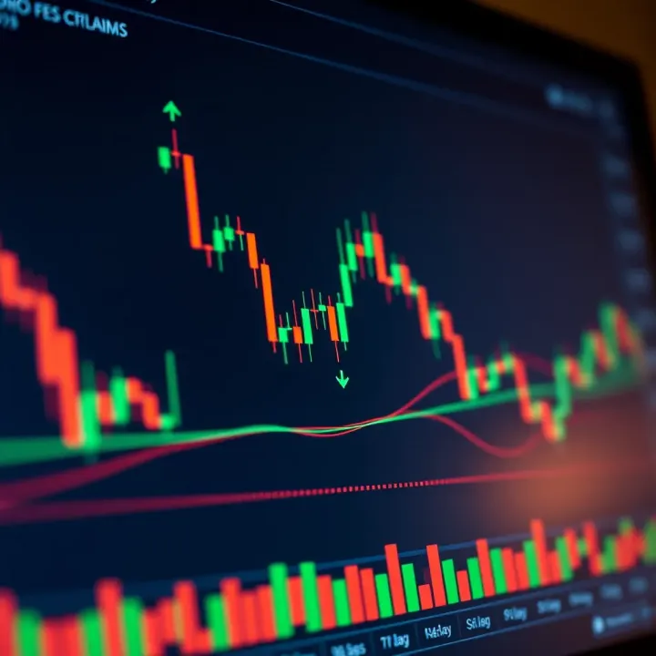 Technical analysis chart showing candlestick patterns and volume indicators on a financial market graph