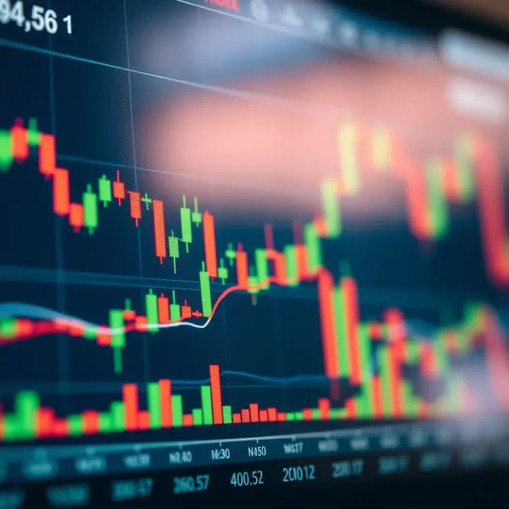 Financial chart displaying candlestick patterns and key technical indicators