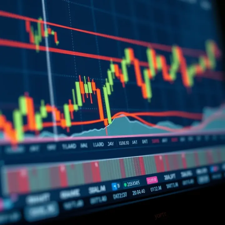 Financial chart displaying candlestick patterns and trend lines used for market analysis