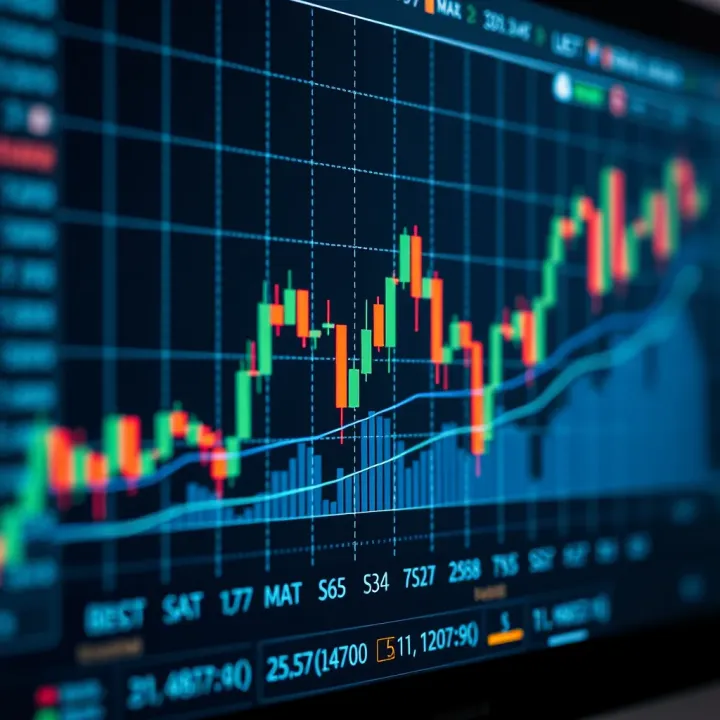 Financial chart showing stock price movements with candlestick patterns and trend lines on a digital screen
