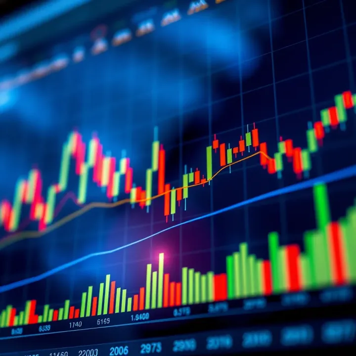 Financial chart displaying candlestick patterns and trend lines for market analysis