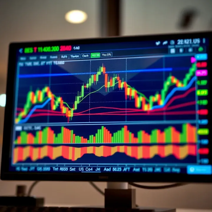 Chart displaying multiple financial indicators and trend lines on a digital screen