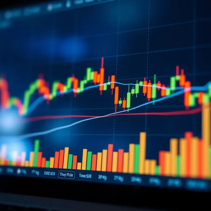 Candlestick chart showing price movement with trend lines and volume indicators