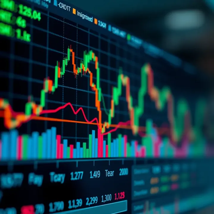 Stock market chart showing upward and downward trends with technical indicators