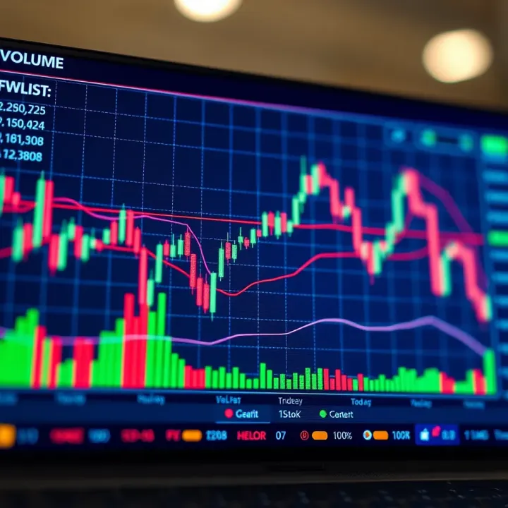 Financial chart showing price movements and volume bars indicating market trends