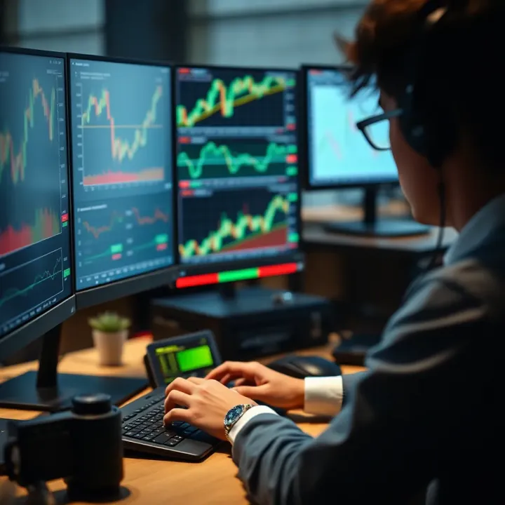 Trader analyzing various financial graphs and tools on a computer screen