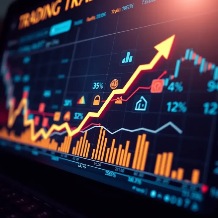 Graph showing upward trend with financial icons representing trading concepts