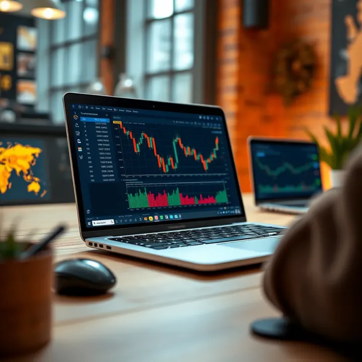 Laptop displaying trading platform with charts and financial data