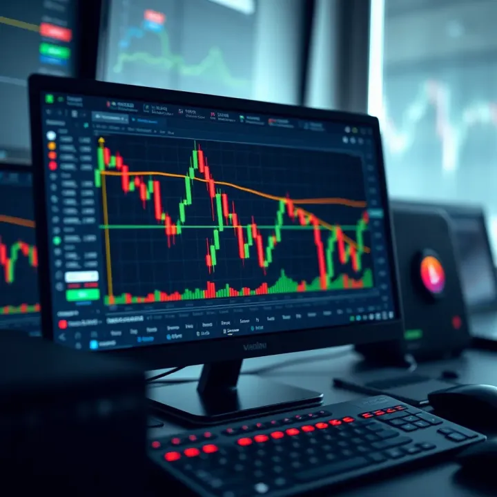 Illustration of trading charts with candlestick patterns and technical indicators on a computer screen