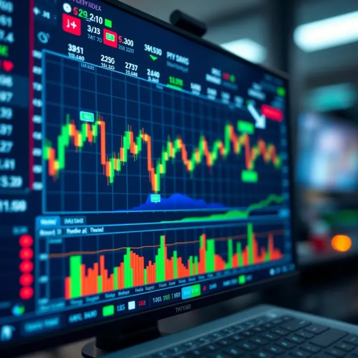 Graphical representation of a digital trading platform interface showing charts and market data