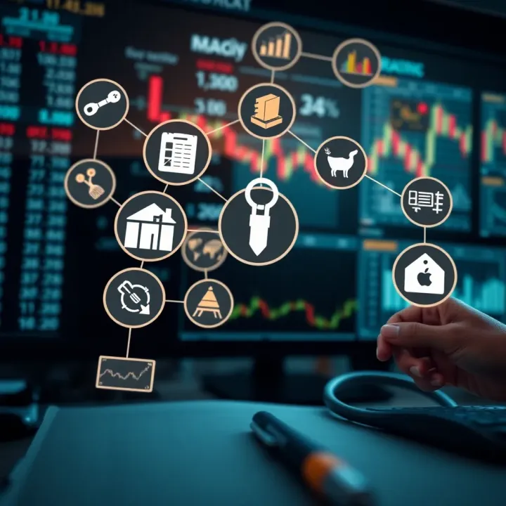 Various trading tools and strategy icons connected with digital interface