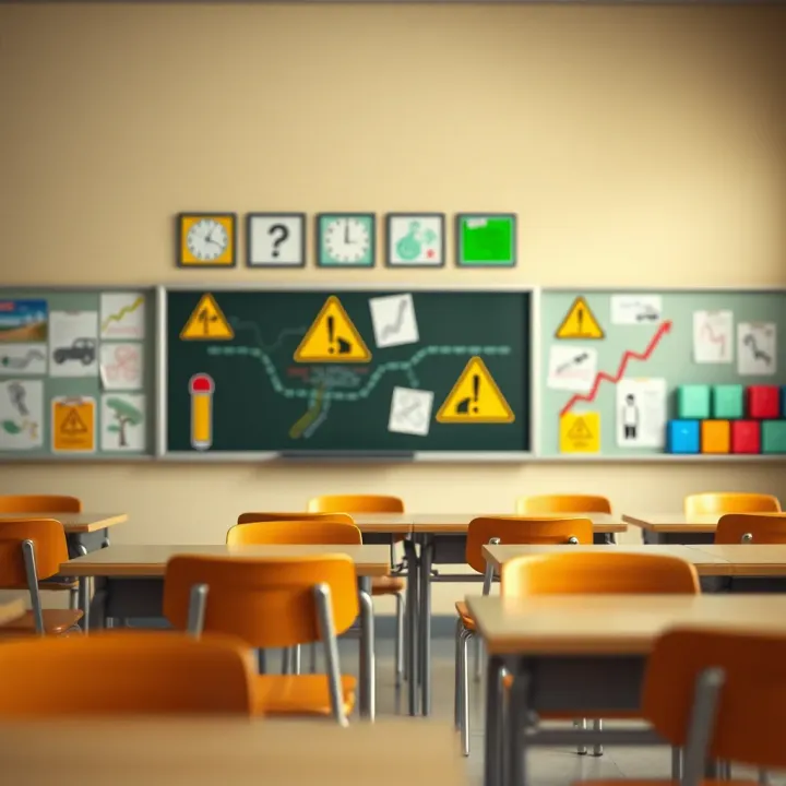 Colorful school drawings illustrating potential safety hazards in a classroom environment